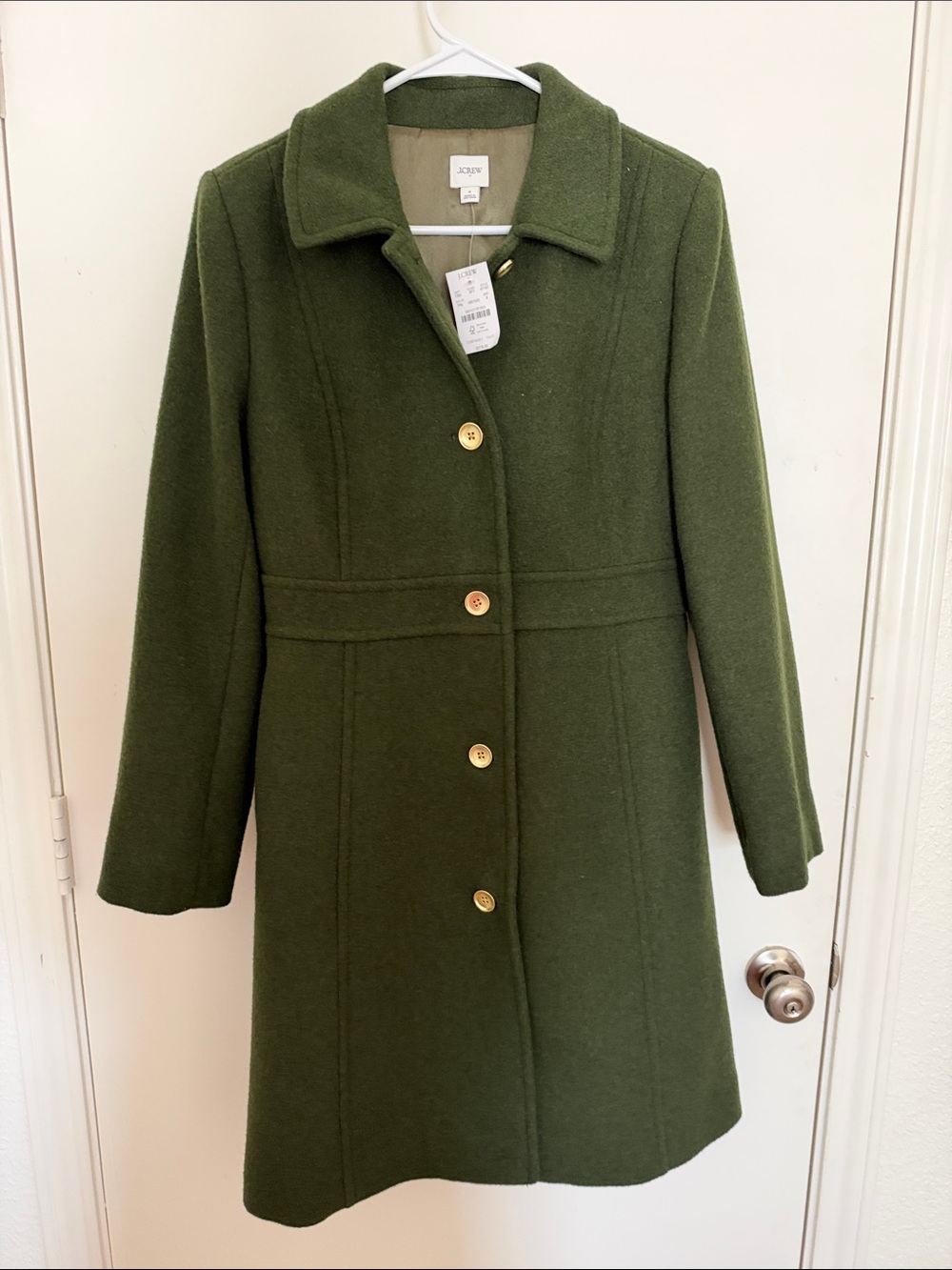 J. Crew Olive Green Wool-Blend Pea Coat with Gold Buttons